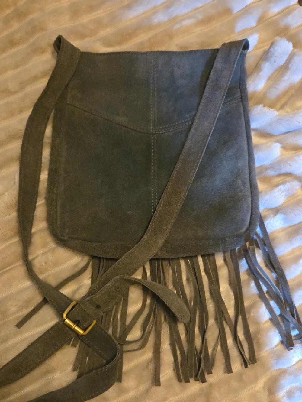 Anthropologie Leather Fringe Crossbody Bag with Blue & Cream Beaded Accent - Picture 11 of 11